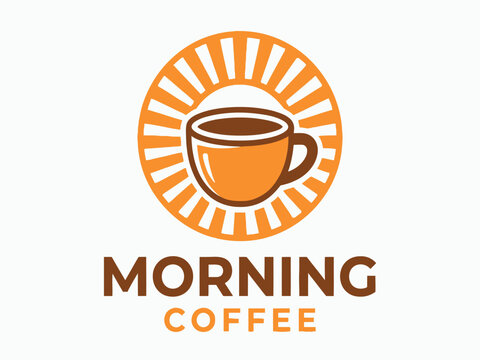 A stylized coffee cup with radiating lines forms a vibrant orange and brown emblem beverage caffeine morning sunrise radiant symbol