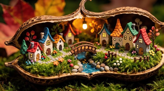 Miniature village diorama inside split seed pod. Tiny houses with colorful roofs sit near small river, bridge. Mossy landscape features stone path, glowing light lamp. Creative handmade fantasy art
