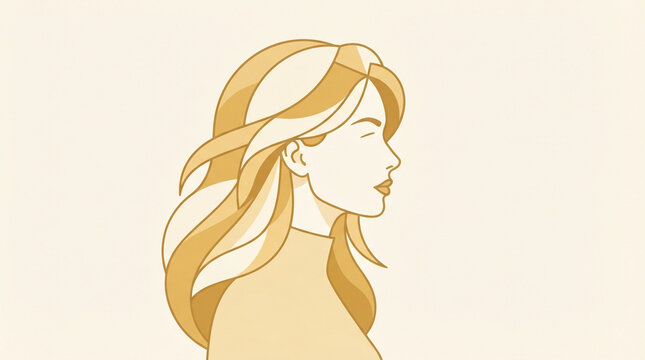Vintage beauty illustration, woman with long wavy hair, profile portrait, minimalist vector art, golden tones, feminine wellness concept, cosmetic advertisement, beauty salon branding