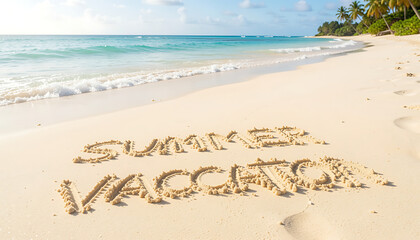 Fototapeta premium Summer vacation message written in sand on tropical beach with ocean waves PNG, 4K, HD Image