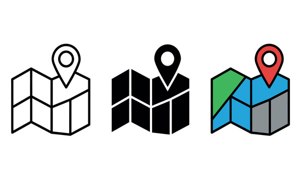 Map with location pin icon set displays navigation and geographic positioning in flat design cartography marker geography position travel route