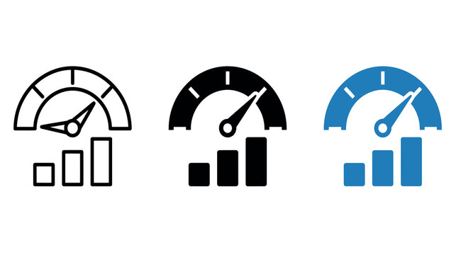 Speedometer icon with bar graph elements is presented in three color variations against a white background gauge meter indicator velocity