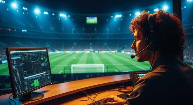 Technician in stadium booth overlooking pitch.