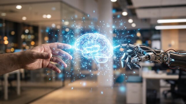 Human hand and robotic arm connecting through digital brain hologram, artificial intelligence collaboration, future technology innovation, machine learning, cybernetics integration