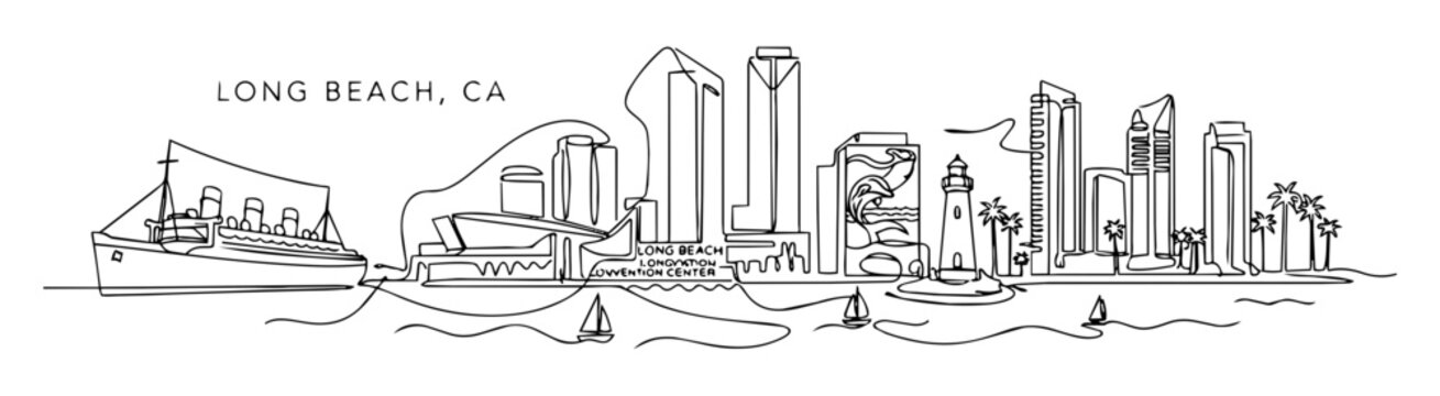 Long Beach City Skyline Continuous Line Art Vector Illustration