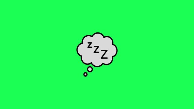 A simple flat design icon of a grey thought bubble with zzz letters representing sleep on green background