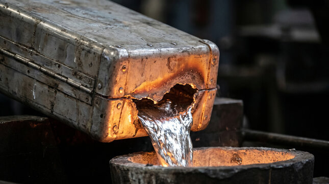Molten metal pouring from a heavy industrial mold into a crucible in a foundry factory.