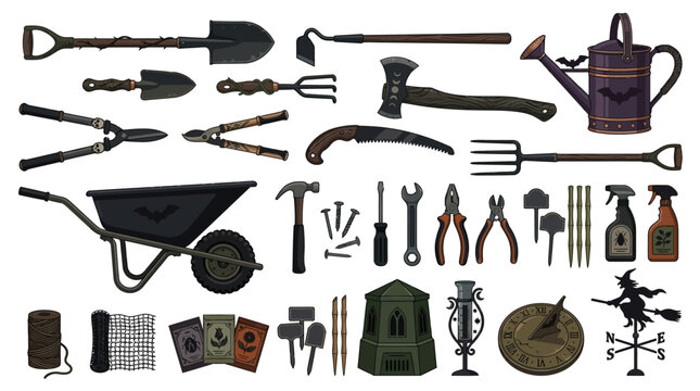 Gothic garden tools collection, vintage dark aesthetic gardening equipment set, spooky occult landscaping icons for Halloween projects