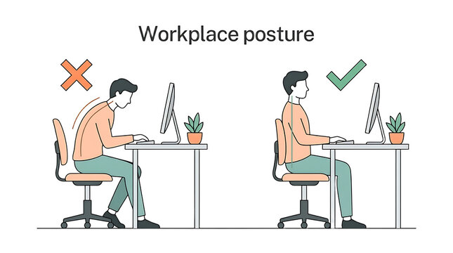 Workplace posture diagram showing correct and incorrect sitting positions. Ergonomic office setup guide for healthy spine and back health.