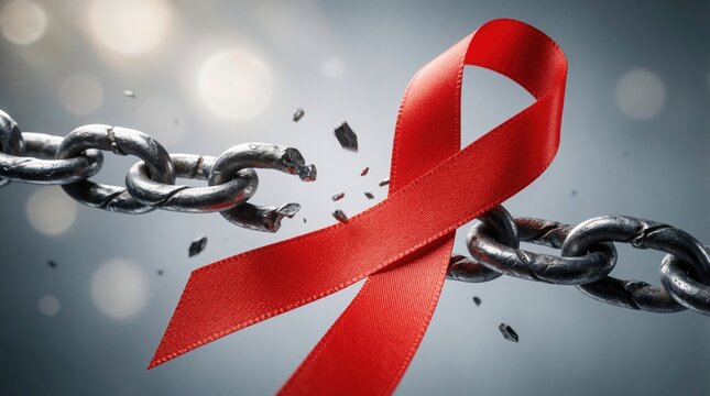 Red ribbon breaks metal chain signifying freedom from stigma and liberation. Symbolizes hope and overcoming adversity breaking barriers to health and wellness.
