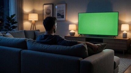 Naklejka premium Man sits on sofa watching bright green screen TV. Cozy room interior at night with warm lamp light. Person relaxes indoors on couch, ready for entertainment or virtual experience.