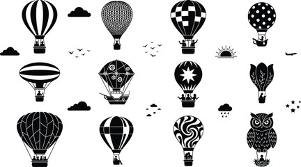 Hot Air Balloon Silhouette Vector Set with Decorative Patterned Aerostats, Fantasy Airship, Vintage Flight, Aviation Adventure, and Travel Design Collection © Minara