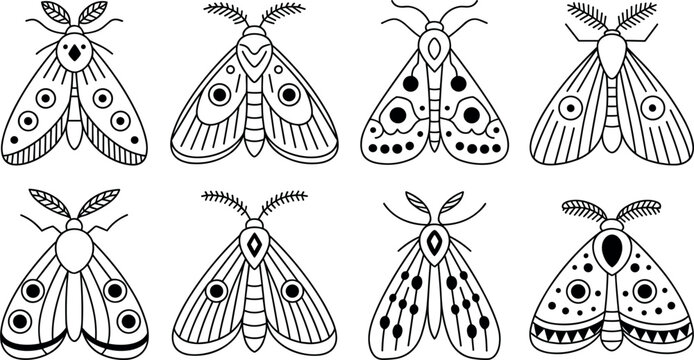 Mystical moth insect vector line icon set featuring beautiful bohemian butterfly wings with detailed geometric patterns celestial dots and antenna line art elements.