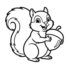 Obraz premium Cute Baby Squirrel Holding an Acorn, Adorable Woodland Animal Coloring Page Line Art Illustration for Kids