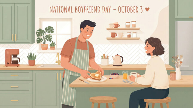 National Boyfriend Day October 3 Illustration. Young couple having breakfast in kitchen. Romance and love concept art with text label.