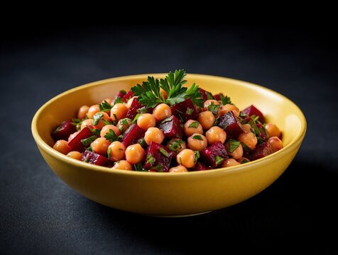 Yellow bowl holds vibrant beet and chickpea salad with fresh parsley garnish. Simple, healthy meal preparation on dark background. Ready for nutritious eating.