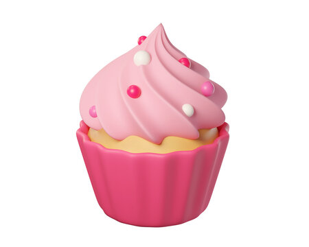 3D Cartoon Cupcake with Pink Frosting Isolated. Icon for bakery, cafe, food delivery, restaurant menu, pastry app. 3d render
