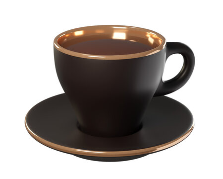 3D Dark black Coffee Cup with gold Rim and Saucer Isolated. Premium Icon for luxurious cafe, restaurant menu, pastry app. 3d render
