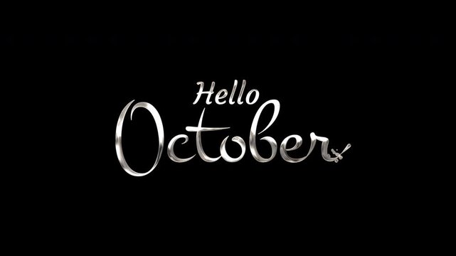 White stylized metallic hello october text greeting against black background suitable for autumnthemed designs, social media posts, and seasonal promotions.