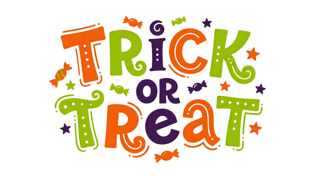 A vibrant and festive halloween illustration featuring the classic 'trick or treat' phrase in colorful lettering