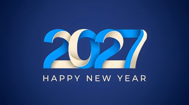 Modern Happy New Year 2027 typography poster with elegant blue and white folded ribbon numbers over a deep navy blue gradient background.