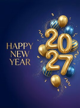 Stylish vertical Happy New Year 2027 poster featuring 3D golden metallic balloon numbers and floating balloons on a deep blue background with sparkles.