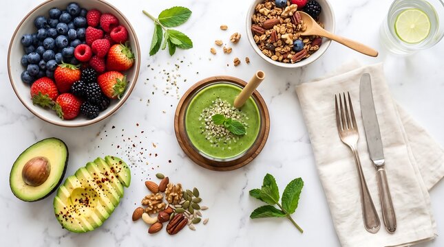 Healthy Green Smoothie Bowl and Fresh Superfood Breakfast Flat Lay