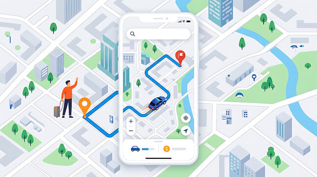 Modern ride hailing app displaying navigation map with car route and urban city illustration on smartphone screen