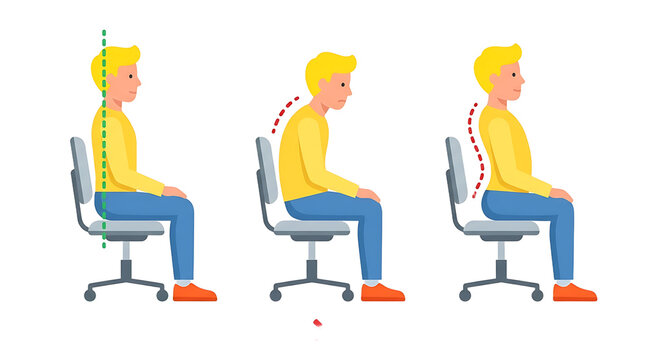 Ergonomic sitting posture guide, correct and incorrect back positions for office work, healthy spine alignment on chair