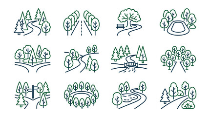 Fototapeta premium Nature Path Icons Forest Park Road River Bridge Bench Signpost Vector Set