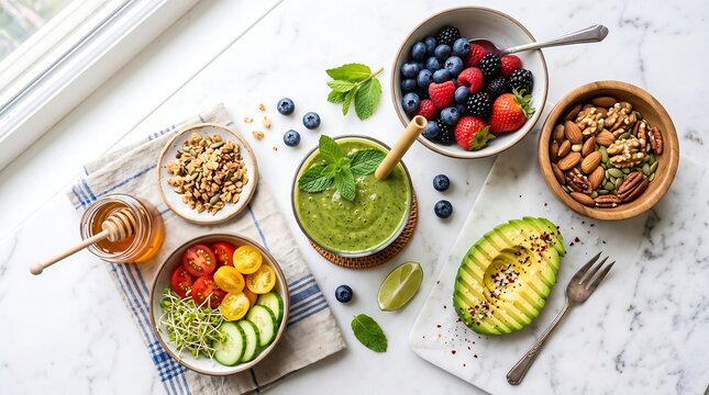 Fresh Healthy Breakfast Table Overhead View with Green Smoothie and Berries