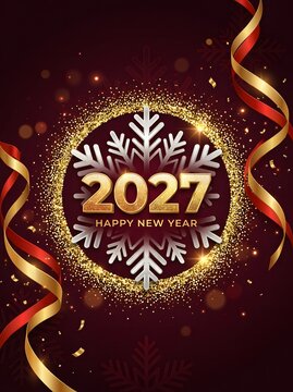 Luxurious Happy New Year 2027 vertical card featuring a golden snowflake emblem in a glittering circle surrounded by flowing red and gold ribbons.