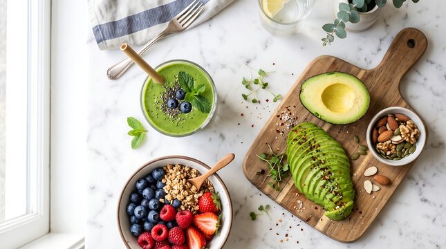 Healthy Breakfast Flatlay with Green Smoothie, Berry Granola Bowl, and Sliced Avocado