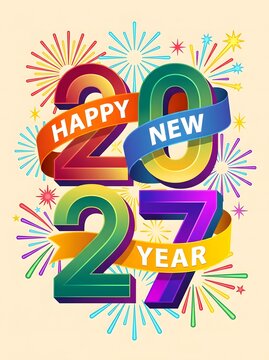 Vertical Happy New Year 2027 card design with colorful 3D ribbon numbers surrounded by bright firework explosions on a light background.