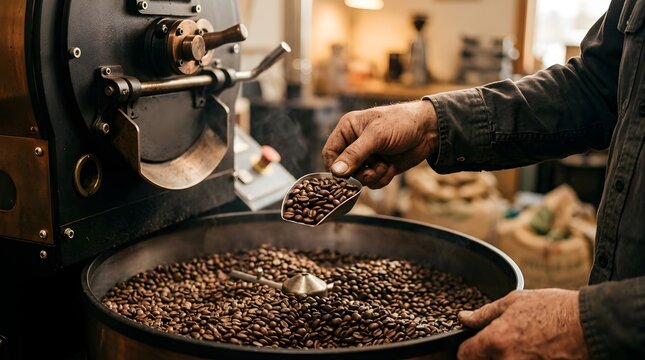 Professional roaster checks fresh roasted coffee beans in a factory