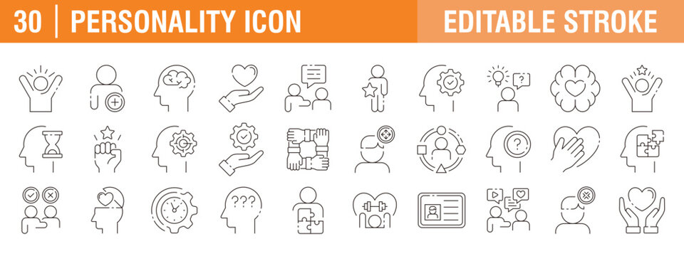 Collection of personality icons. Person, leadership, empathy, teamwork and more. Vector design templates, signs, symbols, and editable strokes.