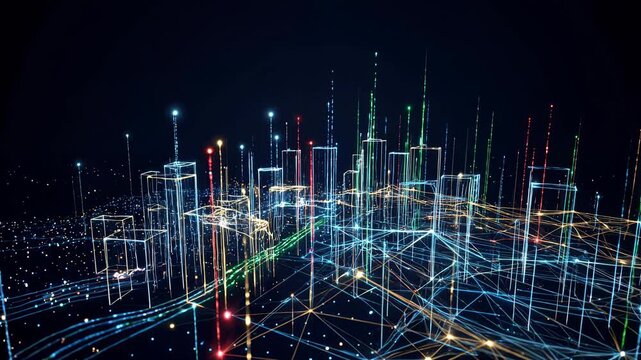 3D cityscape with glowing lines and data visualization technology concept