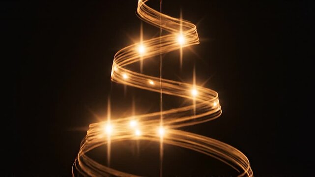 Abstract glowing golden christmas tree with star on black background