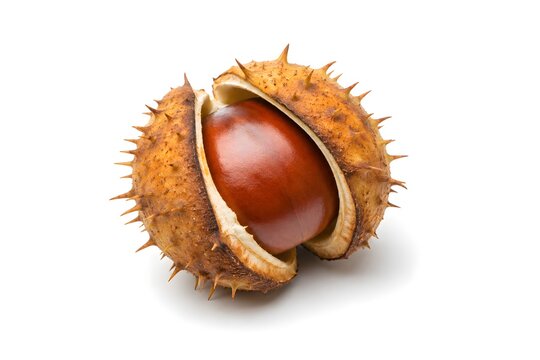 Glossy Horse Chestnut Seed Emerging from Spiky Green Husk on White Background