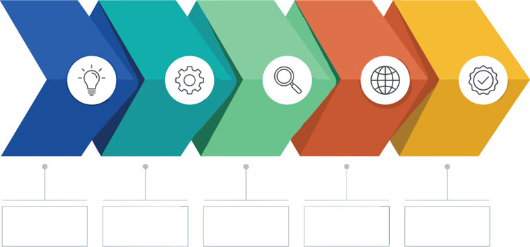 Modern corporate business process infographic template vector with five interlocking colorful chevron arrow steps options thin line strategy icons and blank text boxes.