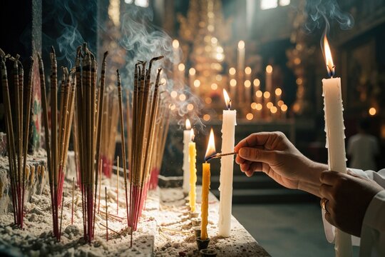 Hands light incense sticks, white candles in Buddhist temple. Burning joss sticks create thick smoke in religious place. Close up of person performing prayer ritual with fire, light for spiritual
