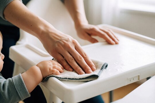 Mother cleans baby highchair tray while child grabs cloth. Parent wipes food mess, toddler interferes playfully. Daily home routine, bonding moment.