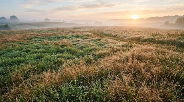 Misty Sunrise Over Rolling Meadow with Tall Grass