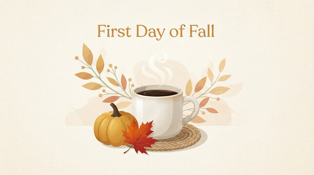 First Day of Fall Greeting Card, Autumn Pumpkin and Coffee, Warm Seasonal Typography, Cozy Thanksgiving Holiday Layout
