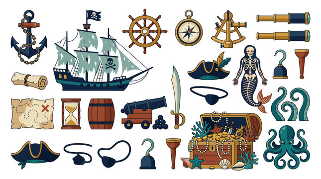 Vintage pirate adventure icons set, nautical maritime vector elements, antique treasure map and ship illustrations, sea voyage graphics