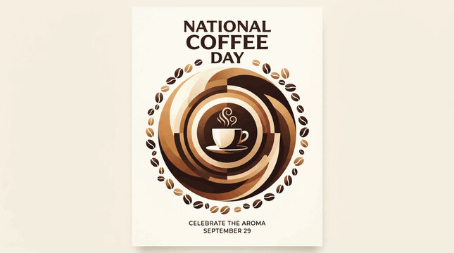 National Coffee Day concept design with cup and beans. Vertical banner template. Brown and cream colors. Happy holiday flag. Flat vector logo for cafe marketing and food advertising.