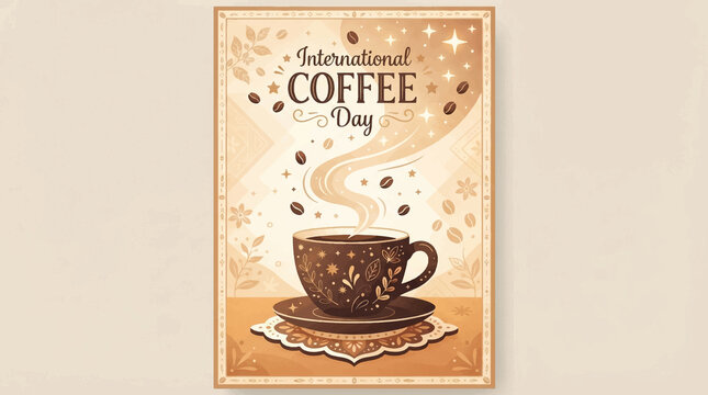 Vintage International Coffee Day Poster with Cup and Beans, Retro Warm Brown Design, Floral Borders, Hot Beverage Promotion, Aromatic Steam