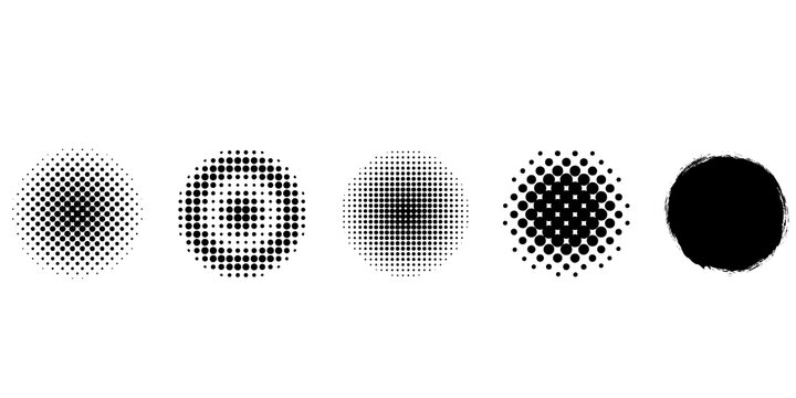 Set of halftone dots gradient pattern texture . Straight dotted spots using halftone circle dot raster texture. Vector blot half tone collection