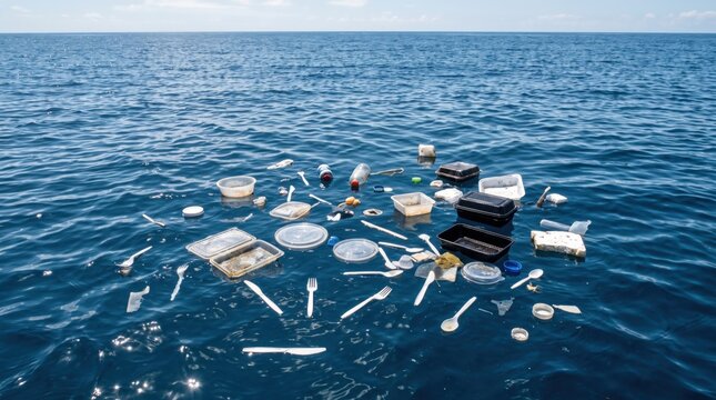 Plastic pollution in the ocean, floating trash including bottles and containers, environmental crisis, marine debris, global warming impact, sea water contamination, sustainability