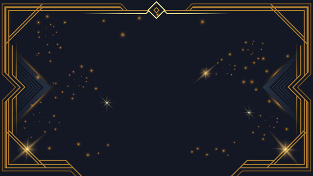 Golden luxury frame on dark starry background. elegant art deco decorative border. glitter star dust effect. sophisticated vintage graphic pattern with background decorative sophisticated